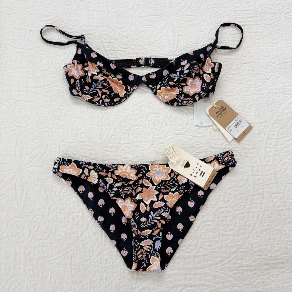 Billabong Hide Away Hippie Tropic Bikini Set, Black Peach Floral L 12